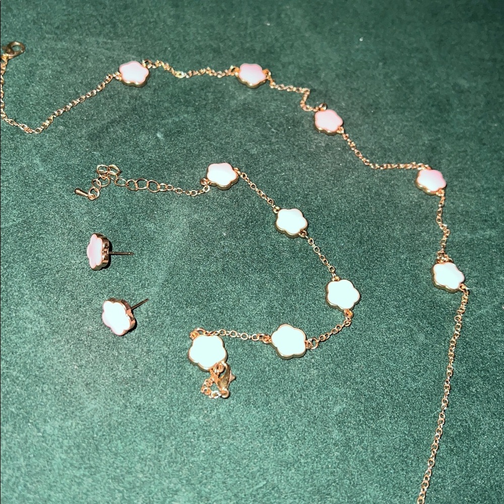 Pink Flower Necklace, bracelet and Earring Set